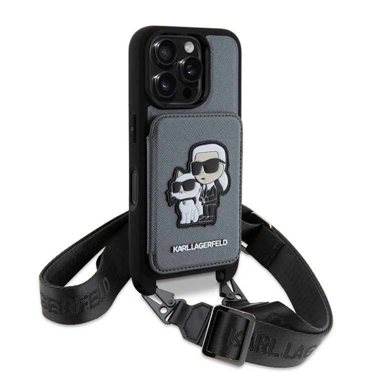 Karl Lagerfeld для iPhone 16 Pro чехол Crossbody cardslot PU Saffiano NFT Karl&Choupette Hard Silver