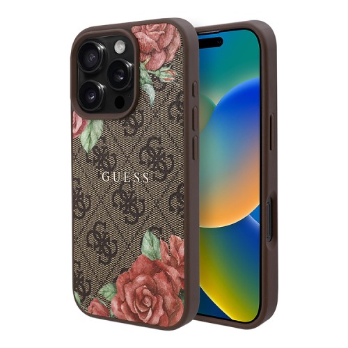 Guess для iPhone 16 Pro Max чехол PU Flowers Roses Hard Brown (MagSafe)