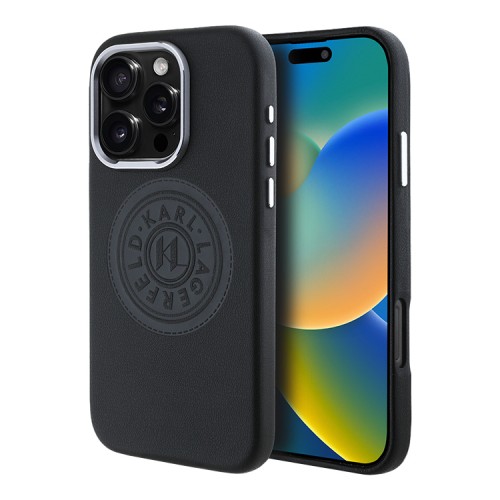 Karl Lagerfeld для iPhone 16 Pro Max чехол PU Full Wrapped leather Seal logo Hard Black (MagSafe)