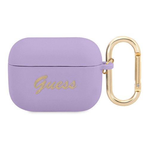 Чехол Guess Silicone Script logo с карабином для Airpods Pro, фиолетовый