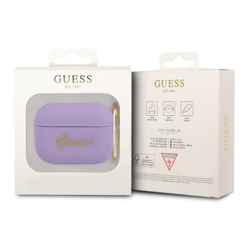 Чехол Guess Silicone Script logo с карабином для Airpods Pro, фиолетовый