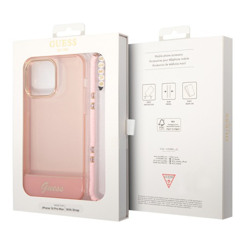 Чехол Guess Translucent w Electoplated camera Hard +hand Strap для iPhone 14 Pro Max, розовый