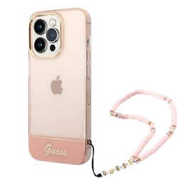 Чехол Guess Translucent w Electoplated camera Hard +hand Strap для iPhone 14 Pro Max, розовый
