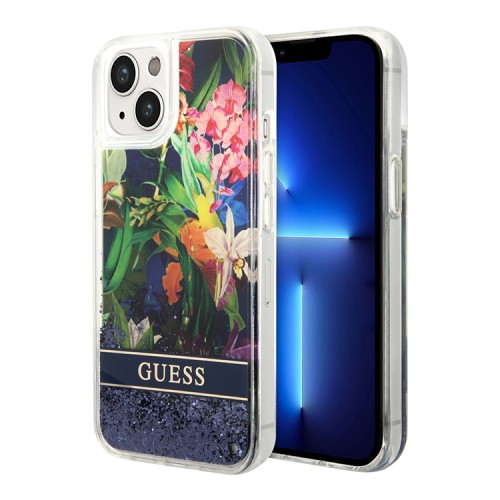 Чехол Guess Liquid glitter Flower Hard для iPhone 14, синий