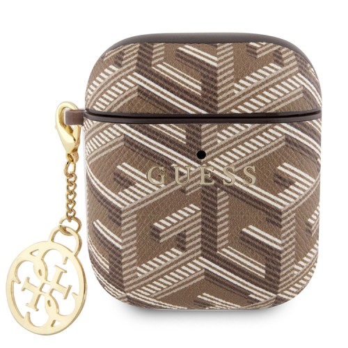 Guess для Airpods 1/2 чехол PU leather G CUBE with metal logo and Charm Brown