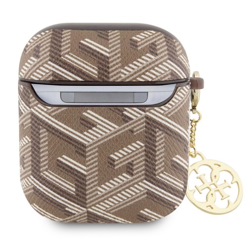 Guess для Airpods 1/2 чехол PU leather G CUBE with metal logo and Charm Brown