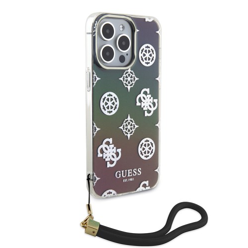 Guess для iPhone 15 Pro Max чехол PC/TPU Peony glitter +Nylon Hand cord Hard Iridescent Black