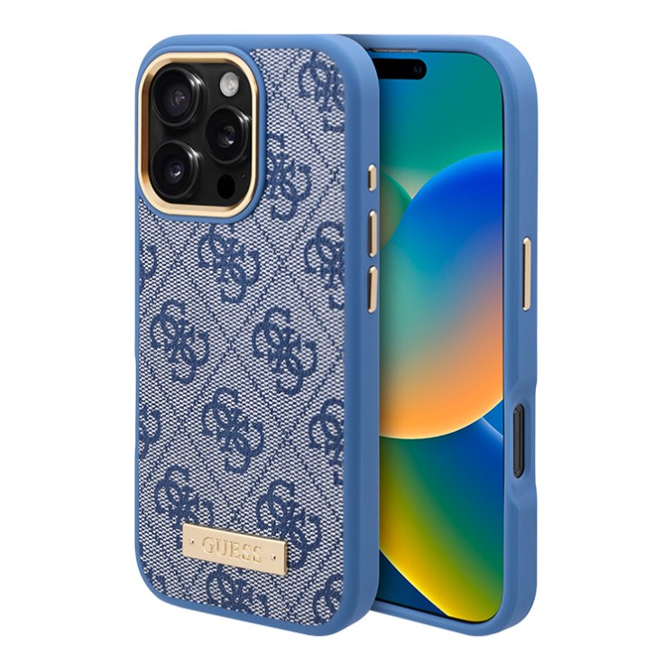 Guess для iPhone 16 Pro Max чехол PU-кожа 4G Plate metal logo Blue (MagSafe)