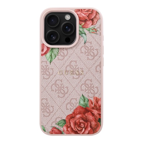 Guess для iPhone 16 Pro Max чехол PU Flowers Roses Hard Pink (MagSafe)