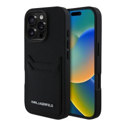 Karl Lagerfeld для iPhone 16 Pro чехол Cardslot PU Grained leather Metal Long logo Hard Black