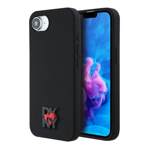 DKNY для iPhone 16e чехол Liquid silicone Heart Metal logo Hard Black (MagSafe)