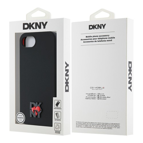 DKNY для iPhone 16e чехол Liquid silicone Heart Metal logo Hard Black (MagSafe)