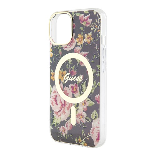 Чехол Guess Flower Hard для iPhone 14, черный/золотой (MagSafe)