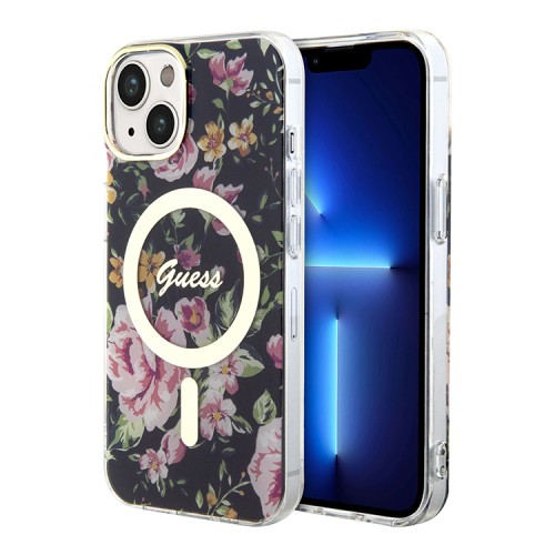Чехол Guess Flower Hard для iPhone 14, черный/золотой (MagSafe)