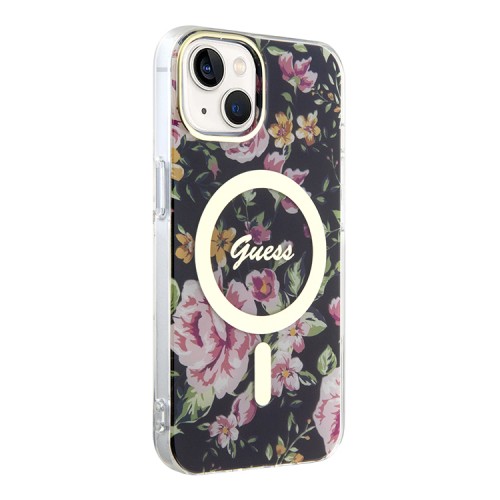 Чехол Guess Flower Hard для iPhone 14, черный/золотой (MagSafe)