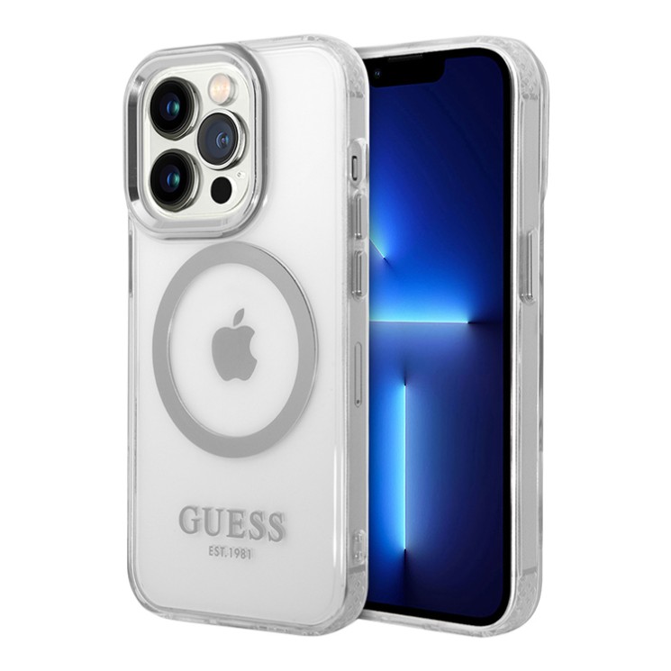 Guess для iPhone 15 Pro Max чехол PC/TPU Metal outline Hard Transparent/Silver (MagSafe)