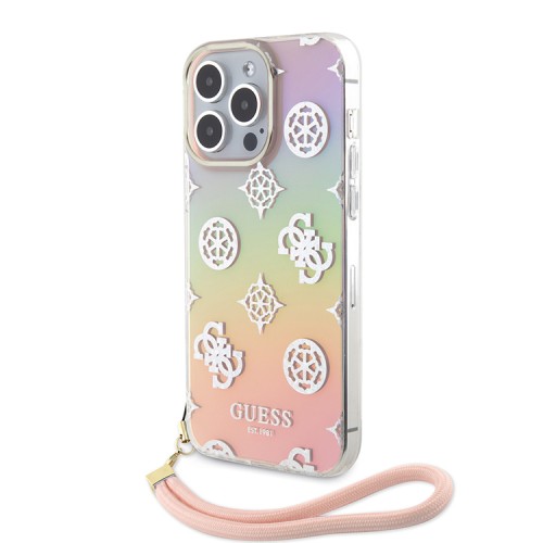 Guess для iPhone 15 Pro Max чехол PC/TPU Peony glitter +Nylon Hand cord Hard Iridescent Pink