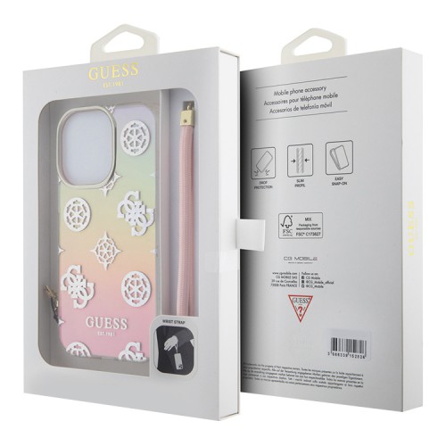 Guess для iPhone 15 Pro Max чехол PC/TPU Peony glitter +Nylon Hand cord Hard Iridescent Pink