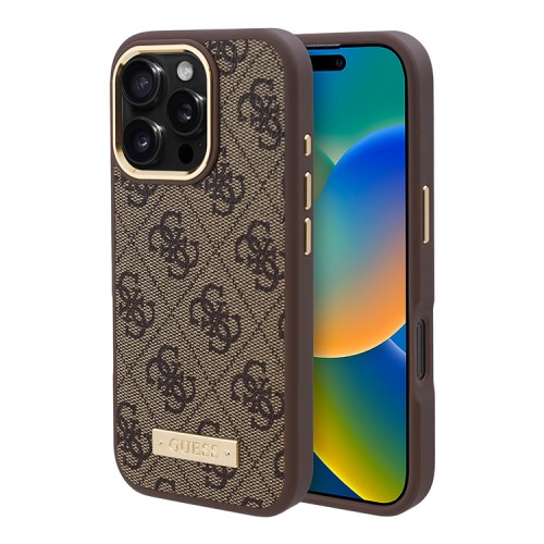 Guess для iPhone 16 Pro Max чехол PU-кожа 4G Plate metal logo Brown (MagSafe)