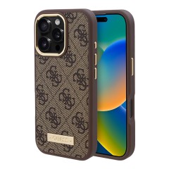 Guess для iPhone 16 Pro Max чехол PU-кожа 4G Plate metal logo Brown (MagSafe)