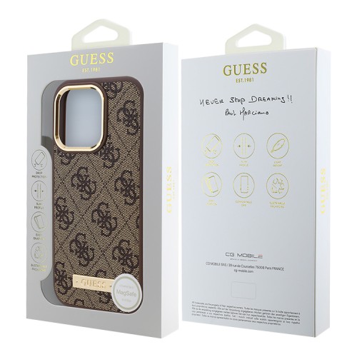Guess для iPhone 16 Pro Max чехол PU-кожа 4G Plate metal logo Brown (MagSafe)