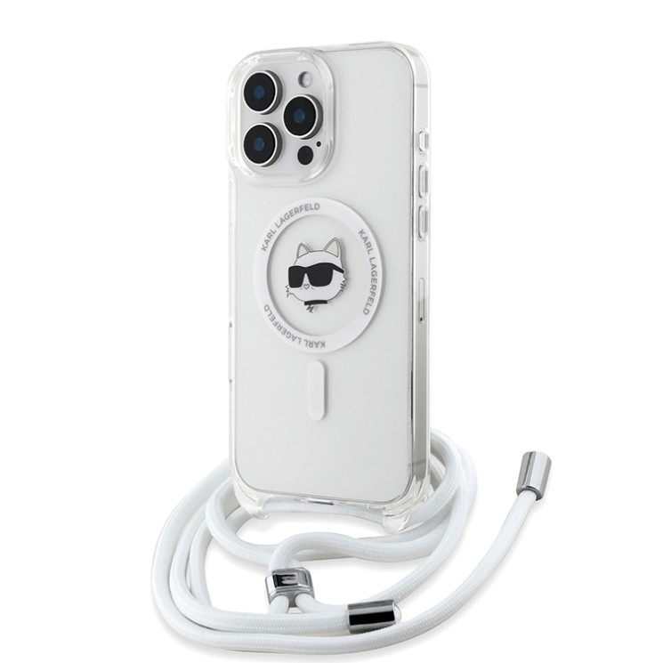 Karl Lagerfeld для iPhone 16 Pro чехол Crossbody PC/TPU NFT Choupette Head Hard Transparent (MagSafe) + Cord