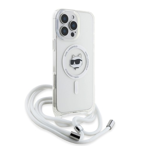 Karl Lagerfeld для iPhone 16 Pro чехол Crossbody PC/TPU NFT Choupette Head Hard Transparent (MagSafe) + Cord