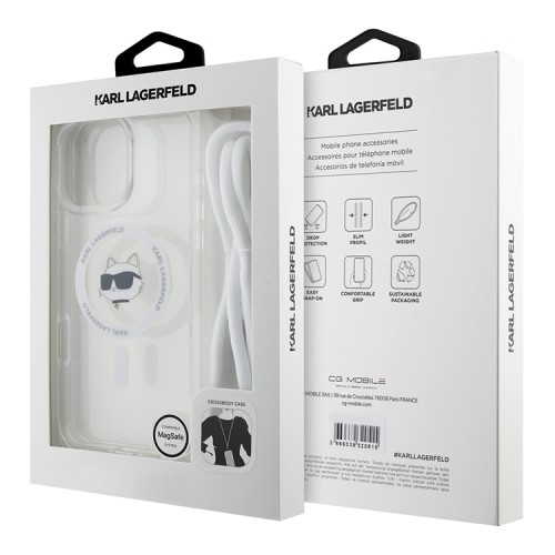 Karl Lagerfeld для iPhone 16 Pro чехол Crossbody PC/TPU NFT Choupette Head Hard Transparent (MagSafe) + Cord