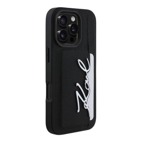 Karl Lagerfeld для iPhone 16 Pro чехол Cardslot PU Grained leather Metal Signature Hard Black
