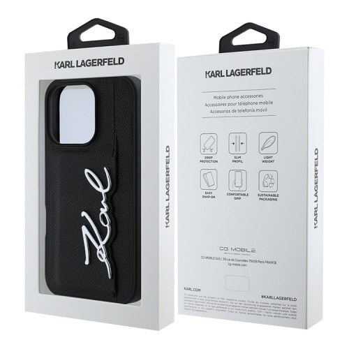 Karl Lagerfeld для iPhone 16 Pro чехол Cardslot PU Grained leather Metal Signature Hard Black