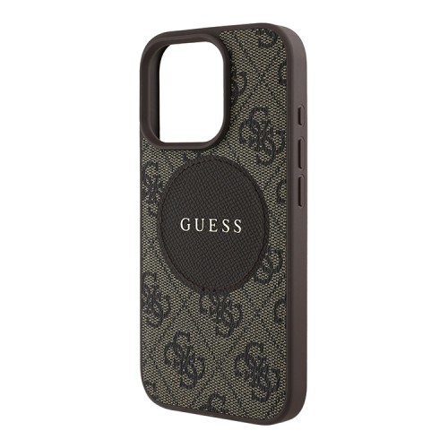 Guess для iPhone 15 Pro Max чехол PU 4G with Round Patch Metal logo Hard Brown (MagSafe)