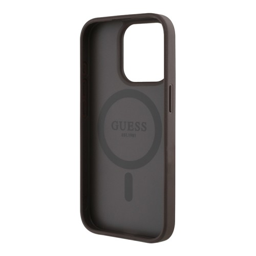 Guess для iPhone 15 Pro Max чехол PU 4G with Round Patch Metal logo Hard Brown (MagSafe)