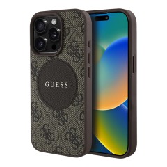 Guess для iPhone 15 Pro Max чехол PU 4G with Round Patch Metal logo Hard Brown (MagSafe)