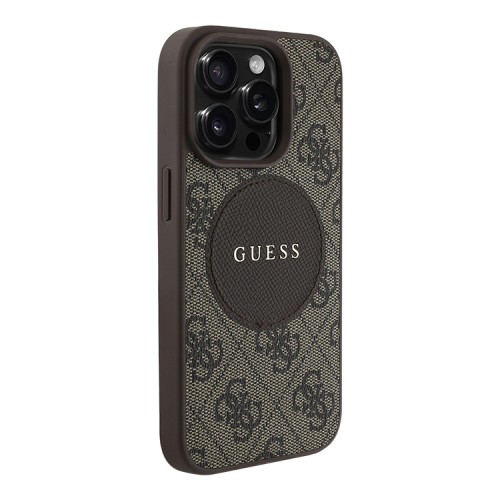 Guess для iPhone 15 Pro Max чехол PU 4G with Round Patch Metal logo Hard Brown (MagSafe)