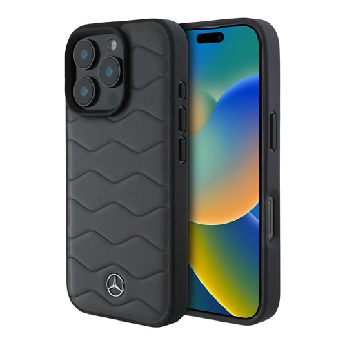 Mercedes для iPhone 16 Pro чехол Leather Waves Metal logo Hard Antracite Grey