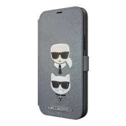 Чехол Karl Lagerfeld PU Saffiano Karl and Choupette Booktype для iPhone 12 mini, серебристый