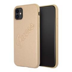 Чехол Guess PU Saffiano Script embossed logo Hard для iPhone 11, золотой