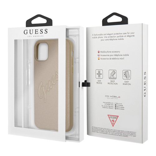 Чехол Guess PU Saffiano Script embossed logo Hard для iPhone 11, золотой