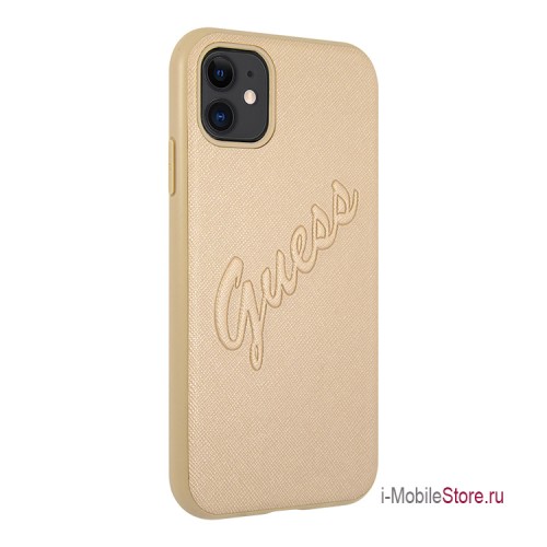 Чехол Guess PU Saffiano Script embossed logo Hard для iPhone 11, золотой