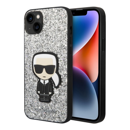 Чехол Lagerfeld Glitter flakes Ikonik patch w Metal logo Hard для iPhone 14 Plus, серебристый