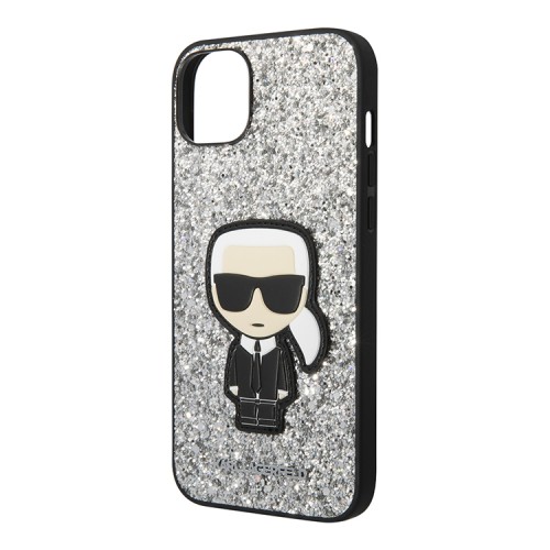 Чехол Lagerfeld Glitter flakes Ikonik patch w Metal logo Hard для iPhone 14 Plus, серебристый