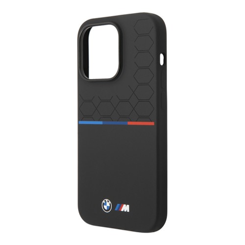 Чехол BMW M-Collection Liquid Silicone Seat pattern Tricolor line для iPhone 14 Pro Max, черный