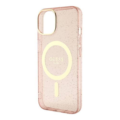 Чехол Guess Glitter Metal outline Hard для iPhone 14, розовый/золотой (MagSafe)