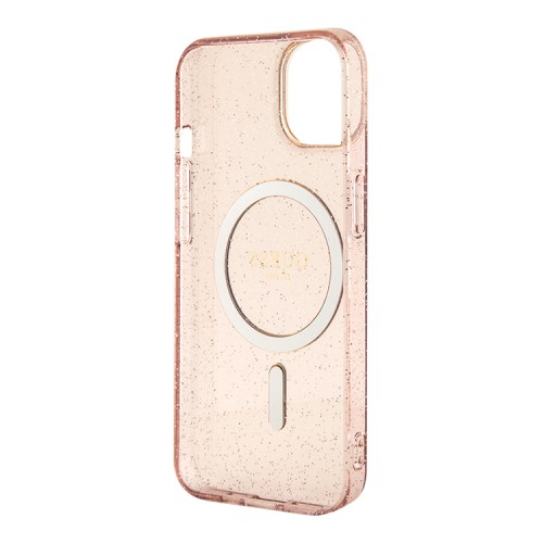 Чехол Guess Glitter Metal outline Hard для iPhone 14, розовый/золотой (MagSafe)