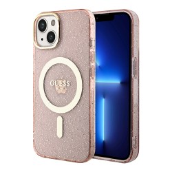 Чехол Guess Glitter Metal outline Hard для iPhone 14, розовый/золотой (MagSafe)