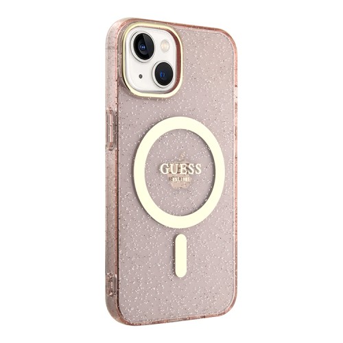 Чехол Guess Glitter Metal outline Hard для iPhone 14, розовый/золотой (MagSafe)