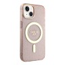 Чехол Guess Glitter Metal outline Hard для iPhone 14, розовый/золотой (MagSafe)