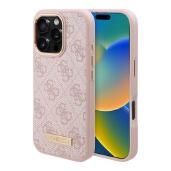 Guess для iPhone 16 Pro Max чехол PU-кожа 4G Plate metal logo Hard Pink (MagSafe)
