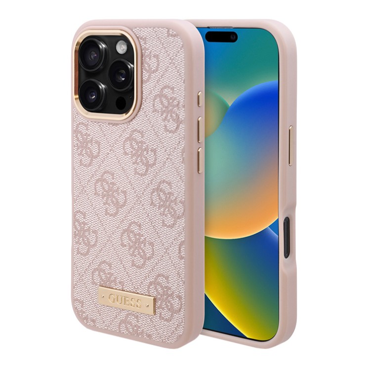 Guess для iPhone 16 Pro Max чехол PU-кожа 4G Plate metal logo Hard Pink (MagSafe)