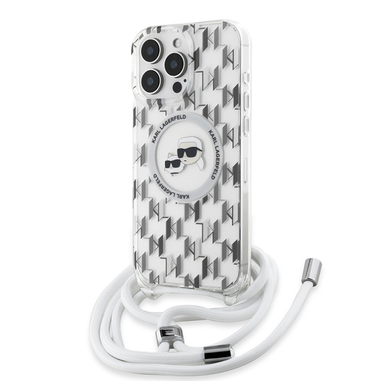 Karl Lagerfeld для iPhone 16 Pro чехол Crossbody PC/TPU NFT Karl&Choupette Head прозрачный (MagSafe) +Cord